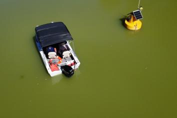 Drone image above smart buoy in the Darling-Baaka river