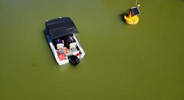 Drone image above smart buoy in the Darling-Baaka river