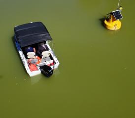 Drone image above smart buoy in the Darling-Baaka river